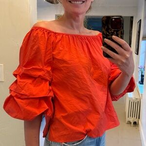 Zara Off Shoulder Vibrant Red Orange Puff Sleeve Blouse Size Small Romantic